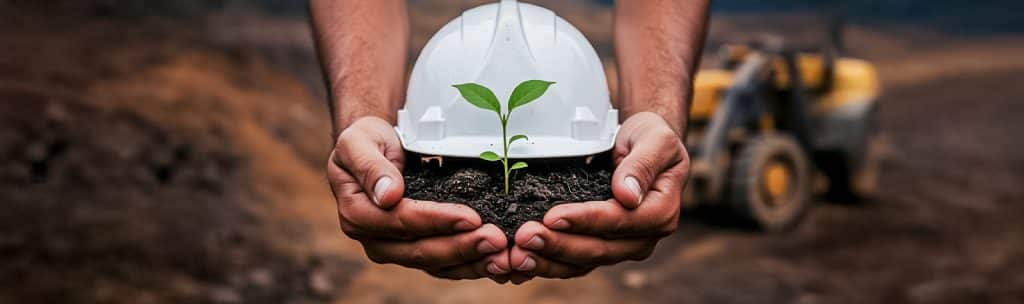 Casco de seguridad con una planta creciendo, simbolizando minería sostenible.