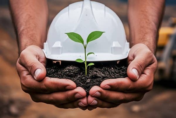 Casco de seguridad con una planta creciendo, simbolizando minería sostenible.
