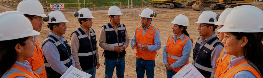 Equipo de trabajadores realizando una reunión de seguridad en campo, usando cascos y chalecos reflectivos