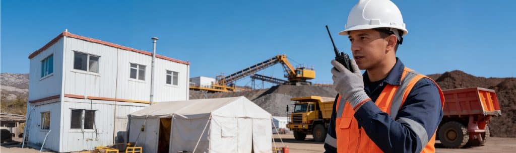 Trabajador minero coordinando actividades en un campamento operativo.