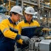 Técnicos supervisando maquinaria industrial en una planta de producción.
