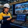 Profesional de la minería utilizando una tablet en una sala de control industrial, rodeada de equipos tecnológicos y pantallas de monitoreo.
