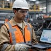 Trabajador industrial usando laptop para gestionar cambios y optimizar procesos en planta.
