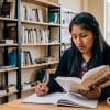 Joven estudiante leyendo y tomando apuntes en una biblioteca como parte de su proceso de formación académica.