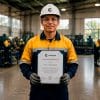 Egresado técnico de CETEMIN con certificado, en taller minero.